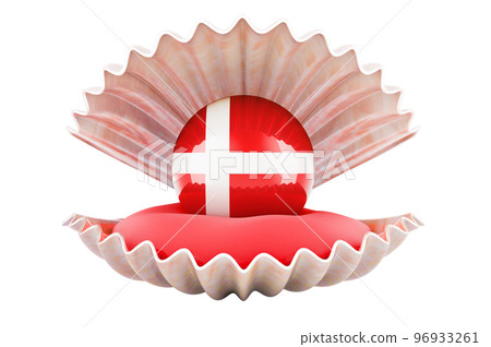 Travel in Denmark, concept. Pearl with Danish flag inside seashell, 3d rendering 96933261