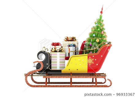 Belgian flag painted on the Christmas Santa sleigh, full of gifts and Christmas tree. 3D rendering Belgian flag painted on the Christmas Santa sleigh, full of gifts and Christmas tree. 3D rendering 96933367