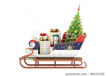 Russian flag painted on the Christmas Santa sleigh, full of gifts and Christmas tree. 3D rendering 96933398