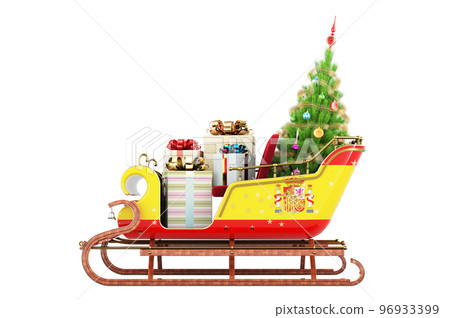 Spanish flag painted on the Christmas Santa sleigh, full of gifts and Christmas tree. 3D rendering 96933399