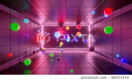 3d render. 3D abstract creative background with neon glow multi-colored spheres inside camera, reflecting walls. Luminous balls fly inside dark chamber. Creative simple geometric bg with neon glow 96933450