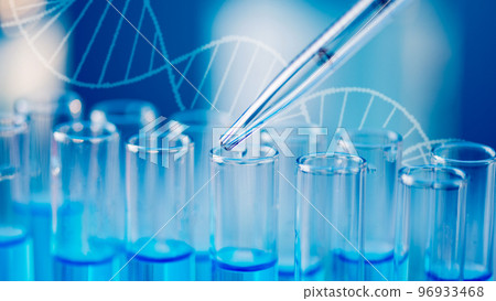 Test tubes with blue liquid water samples and pipette over blue background. Laboratory glassware, science laboratory research concept. Test tubes with blue liquid water samples and pipette over blue background. Laboratory glassware, science laboratory research concept. 96933468