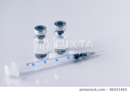 Glass vial and syringe with injection. Vaccination or beauty therapy concept. 96933469