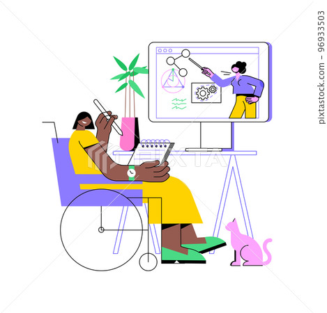 Distance learning isolated cartoon vector illustrations. Girl in wheelchair makes online studies, education process during quarantine, remote learning at university, student life vector cartoon. 96933503