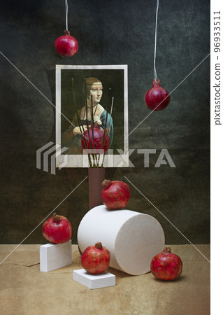 Still life with ripe pomegranates and the image of a Lady with an ermine by Leonardo da Vinci 96933511