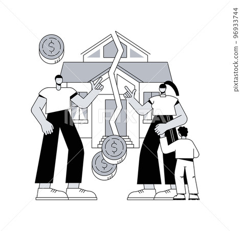 Property division abstract concept vector illustration. Divorce property agreement, division between spouses, separation process, lawyer service, legal equitable distribution abstract metaphor. 96933744