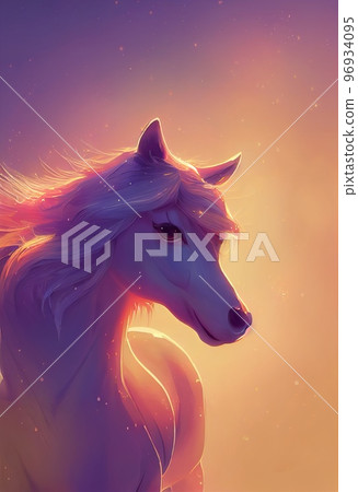 Funny adorable portrait headshot of cute wild horse. North American land animal standing facing front. Looking towards camera. Mystery light art illustration. Vertical artistic poster. 96934095