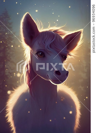 Funny adorable portrait headshot of cute wild horse. North American land animal standing facing front. Looking towards camera. Mystery light art illustration. Vertical artistic poster. 96934096