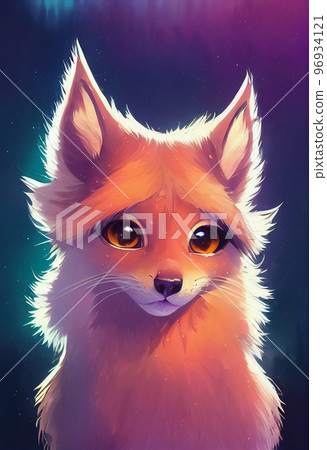 Funny adorable portrait headshot of cute baby bobcat. North American land animal standing facing front. Looking towards camera. Mystery light lynx art illustration. Vertical artistic poster. 96934121