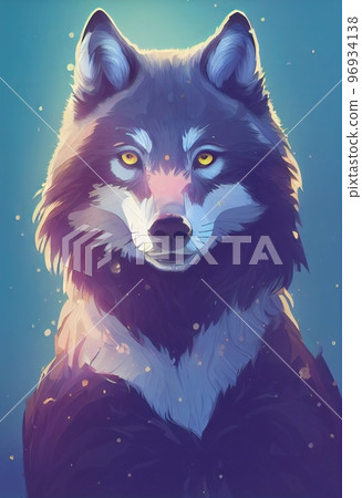 Mystical portrait headshot of cartoon grey wolf. North American land animal standing facing front. Looking towards camera. Mystery light art illustration. Vertical artistic poster. 96934138