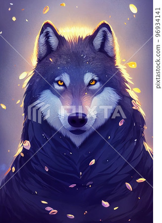 Mystical portrait headshot of cartoon grey wolf. North American land animal standing facing front. Looking towards camera. Mystery light art illustration. Vertical artistic poster. 96934141