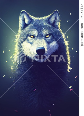 Mystical portrait headshot of cartoon grey wolf. North American land animal standing facing front. Looking towards camera. Mystery light art illustration. Vertical artistic poster. 96934142