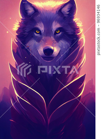 Mystical portrait headshot of cartoon grey wolf. North American land animal standing facing front. Looking towards camera. Mystery light art illustration. Vertical artistic poster. 96934146