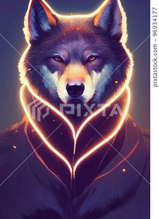 Mystical portrait headshot of cartoon grey wolf. North American land animal standing facing front. Looking towards camera. Mystery light art illustration. Vertical artistic poster. 96934177