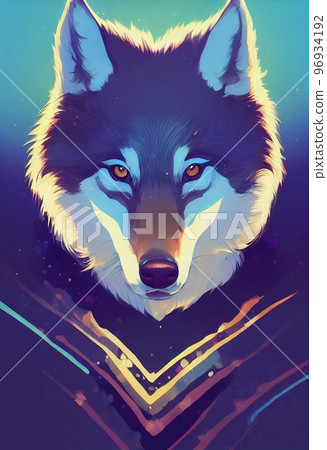 Mystical portrait headshot of cartoon grey wolf. North American land animal standing facing front. Looking towards camera. Mystery light art illustration. Vertical artistic poster. 96934192