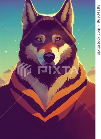 Mystical portrait headshot of cartoon grey wolf. North American land animal standing facing front. Looking towards camera. Mystery light art illustration. Vertical artistic poster. 96934198