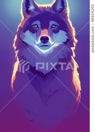 Mystical portrait headshot of cartoon grey wolf. North American land animal standing facing front. Looking towards camera. Mystery light art illustration. Vertical artistic poster. 96934203
