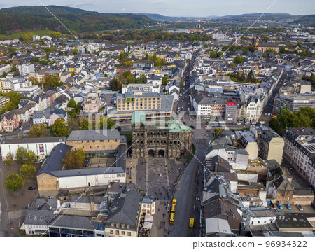 Aerial Drone Shot of the City Center in Trier, Rheinland-Pfalz. Autumn day in Famous German city 96934322