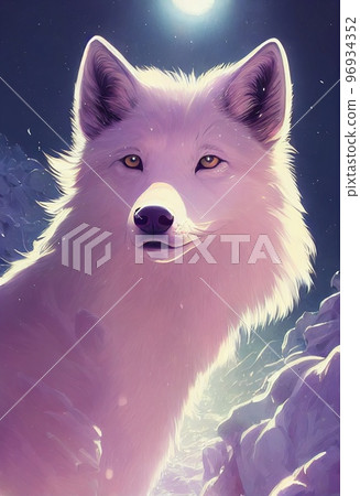 Funny adorable portrait headshot of cute arctic wolf. North American land animal standing facing front. Looking towards camera. Mystery light art illustration. Vertical artistic poster. 96934352