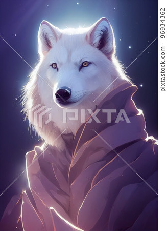 Funny adorable portrait headshot of cute arctic wolf. North American land animal standing facing front. Looking towards camera. Mystery light art illustration. Vertical artistic poster. 96934362
