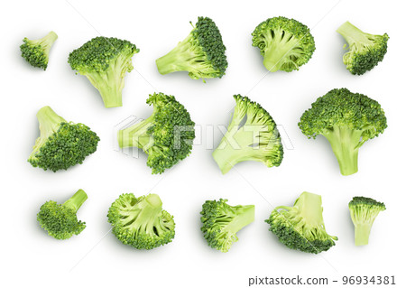 fresh broccoli isolated on white background. Top view. Flat lay fresh broccoli isolated on white background. Top view. Flat lay 96934381