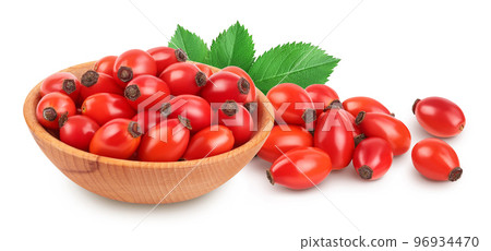 Rose hip in wooden bowl isolated on a white background with full depth of field Rose hip in wooden bowl isolated on a white background with full depth of field 96934470