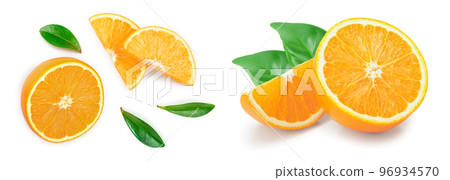 orange with leaves isolated on white background. Top view. Flat lay orange with leaves isolated on white background. Top view. Flat lay 96934570