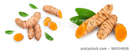 turmeric root and slices isolated on white background. Top view. Flat lay turmeric root and slices isolated on white background. Top view. Flat lay 96934606