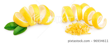 Lemon peel with leaf isolated on white background. Healthy food Lemon peel with leaf isolated on white background. Healthy food 96934611