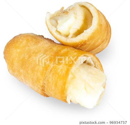 Tequenos cut in halves, Venezuela appetizer from dough with melted cheese inside. Tequenos cut in halves, Venezuela appetizer from dough with melted cheese inside. 96934737