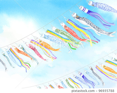Many carp streamers swimming in the blue sky watercolor vector 96935788