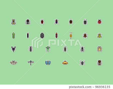 迷你昆蟲彩色貼紙插圖圖標集 96936135