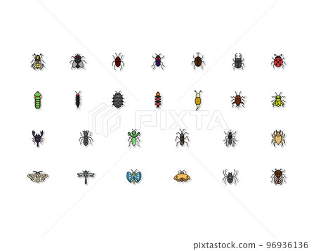 迷你昆蟲彩色貼紙插畫圖標集(無背景) 迷你昆蟲彩色貼紙插畫圖標集(無背景) 96936136