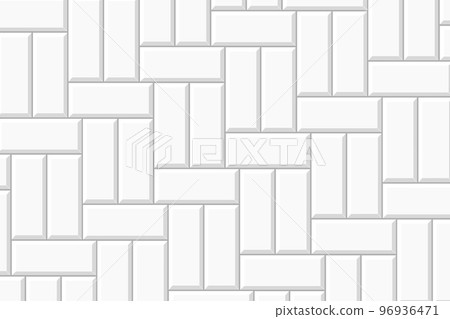 White basket weave tile mosaic pattern. Causeway layout. Bathroom, shower or toilet floor decoration. Kitchen backsplash texture. Stone or ceramic brick wall background White basket weave tile mosaic pattern. Causeway layout. Bathroom, shower or toilet floor decoration. Kitchen backsplash texture. Stone or ceramic brick wall background 96936471