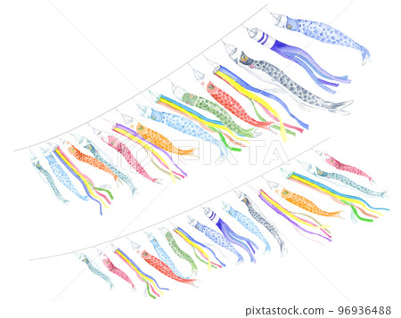 Watercolor illustration of many carp streamers vector 96936488