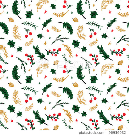 Christmas seamless pattern with fir branches, berries and snowflakes. Winter pattern for wrapping paper with branches, berries and fir trees 96936982