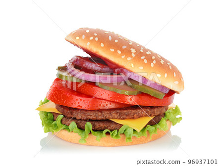 Open big hamburger with two cutlets on white background Open big hamburger with two cutlets on white background 96937101