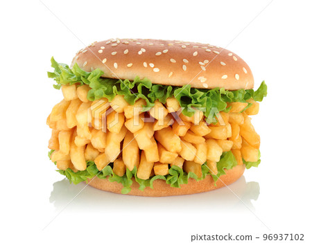 Big hamburger with potato french fries on white background Big hamburger with potato french fries on white background 96937102