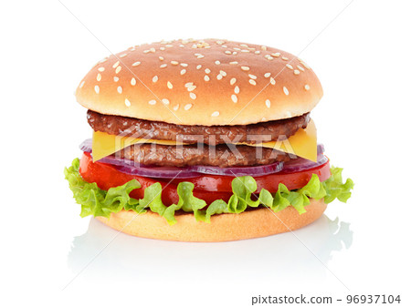Big hamburger with two cutlets on white background Big hamburger with two cutlets on white background 96937104