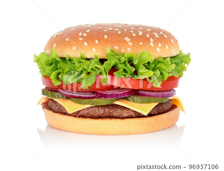 Big hamburger with beef cutlet and onion on white background Big hamburger with beef cutlet and onion on white background 96937106