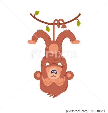Funny cute baby monkey hanging on vine with his tail. African tropical animal cartoon character vector illustration 96940341