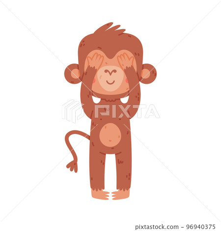 Funny cute baby monkey closing his eyes with his paws. African tropical animal cartoon character playing hide and seek vector illustration 96940375