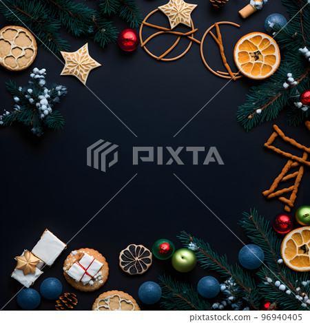 christmas items on flat black background in flat lay perspective, neural network generated art christmas items on flat black background in flat lay perspective, neural network generated art 96940405