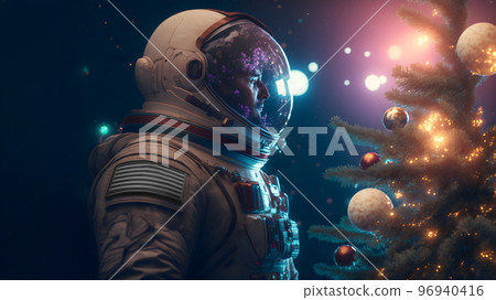 caucasian male astronaut stands next to decorated christmas tree, neural network generated art 96940416