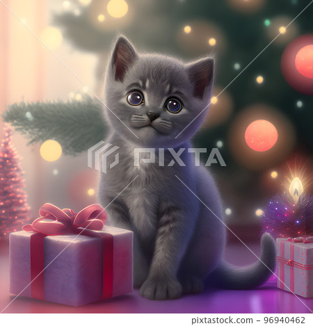 cute gray kitten with gift in front of decorated christmas tree, neural network generated art 96940462