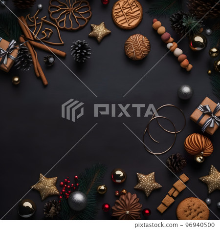 christmas items on flat black background in flat lay perspective, neural network generated art 96940500