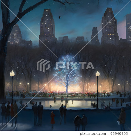 illuminated central park at christmas night, many people around, christmas tree in the middle, neural network generated art 96940503