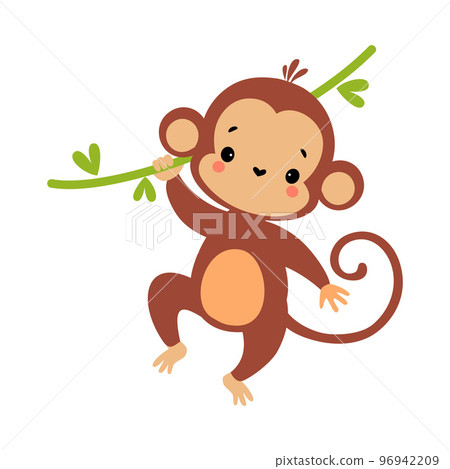 Cute Playful Monkey with Long Tail Hanging on Liana Vector Illustration 96942209
