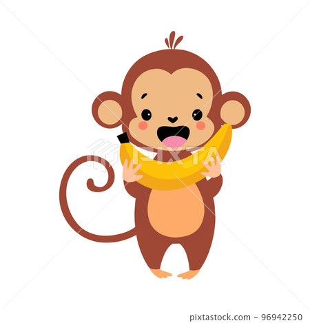 Cute Playful Monkey with Long Tail Holding Yellow Banana Vector Illustration Cute Playful Monkey with Long Tail Holding Yellow Banana Vector Illustration 96942250