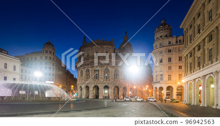 The Ferrari Square is cultural landmark of night Genoa in Italy 96942563